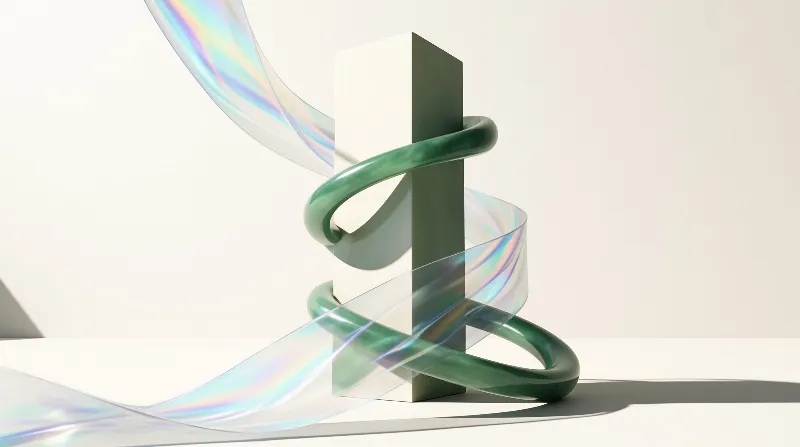 Glossy green rings wrap a pale rectangular prism beside a translucent rainbow ribbon.