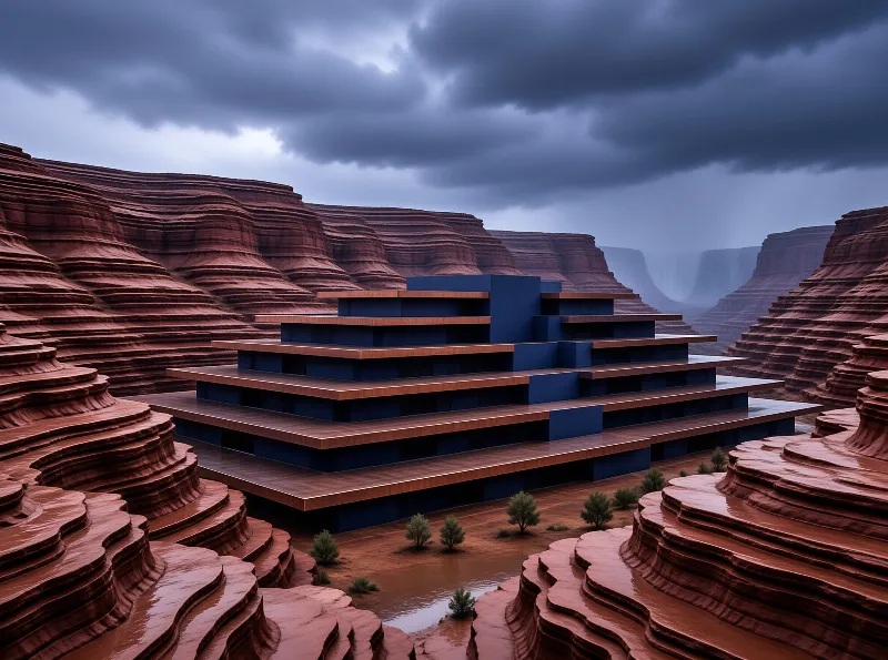 A blue tiered building with wooden balconies sits surrounded by wet red rock formations under dark storm clouds.