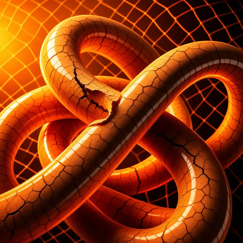 A glossy orange tube with a cracked surface twists through a luminous grid tunnel.