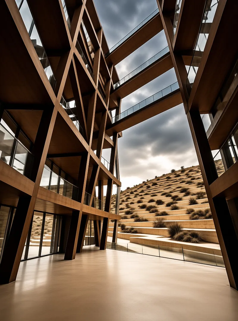 Overcast light shines through slanted wooden support beams framing a stepped dry terraced hillside with sparse grass tufts.