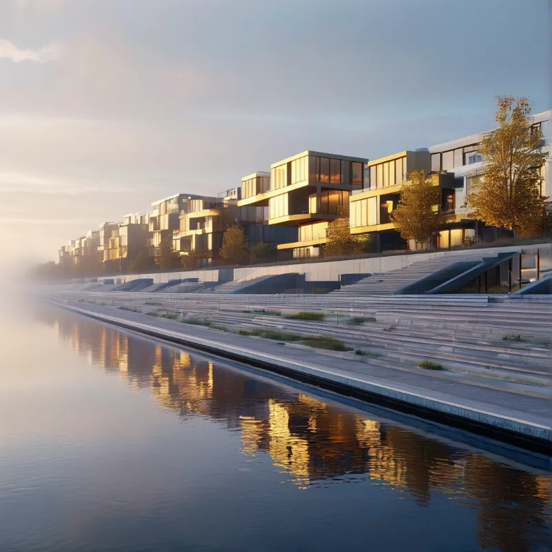 A row of contemporary terraced homes stands above a sloped riverside promenade as soft morning light gilds the glass facades and casts shimmering reflections across the still water.
