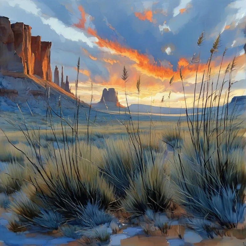 Dry grasses stand in a desert canyon foreground under a sky filled with orange sunset clouds.