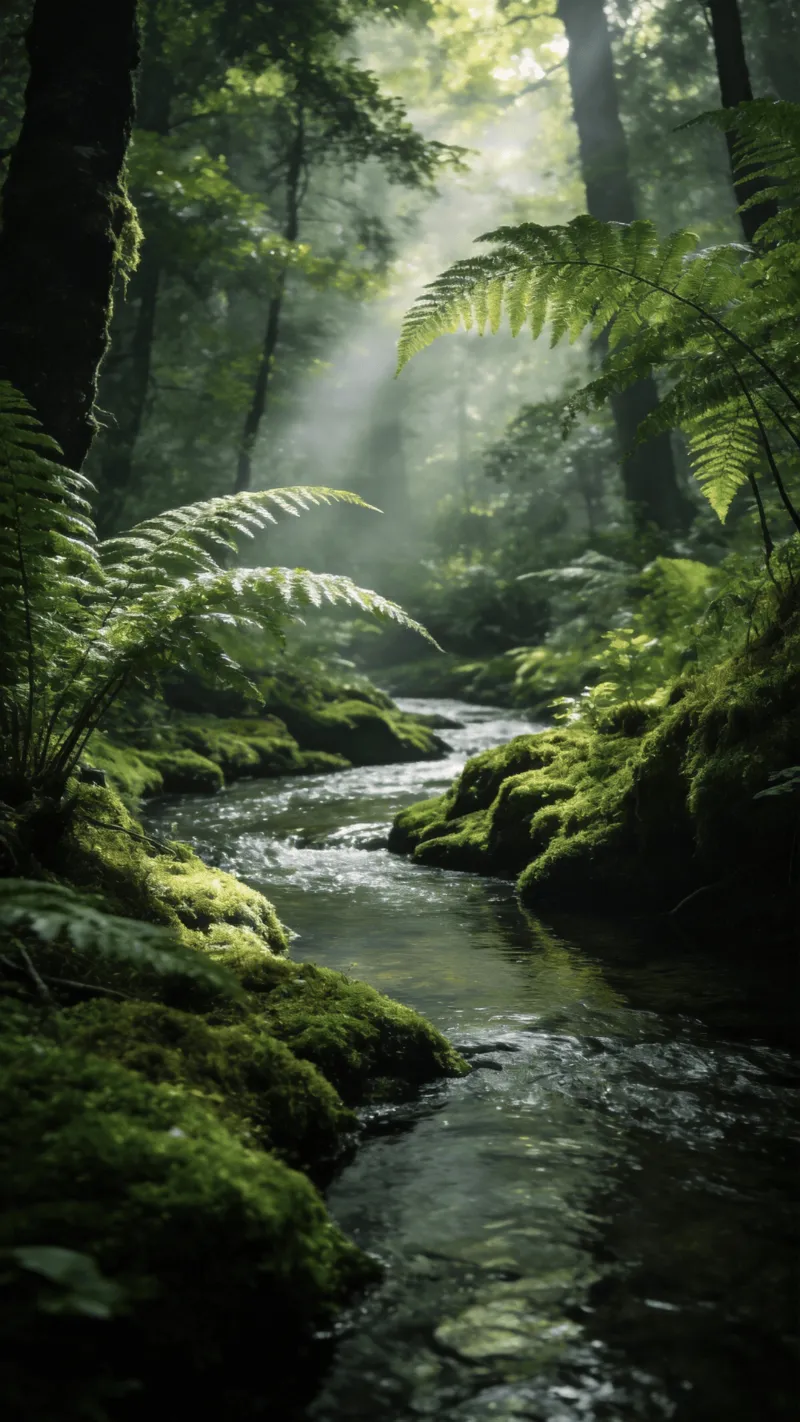 Misty Healing Forest with Sunlit Ferns