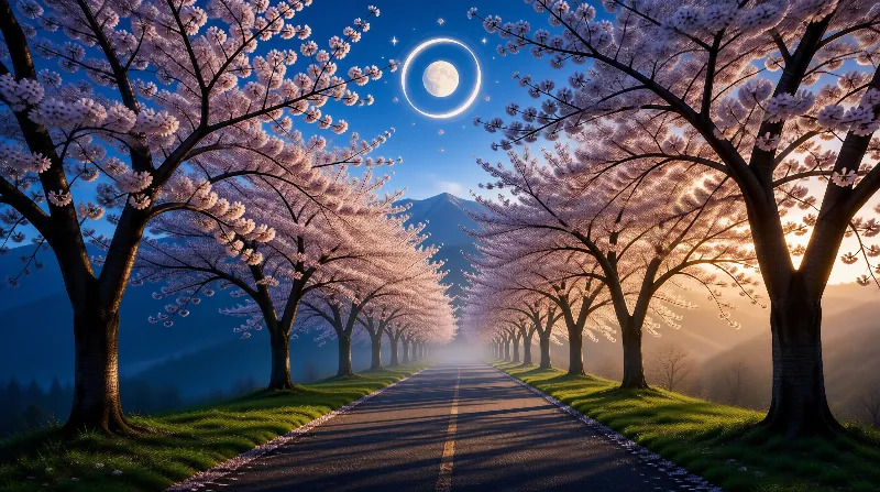 Cherry Blossom Road Under Moonlight