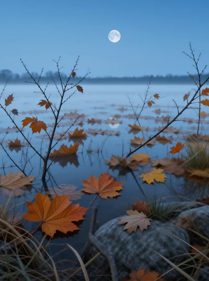 Autumn Moon on Misty Lake