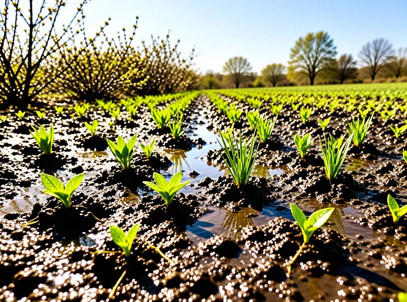 Young Plants in Wet Field