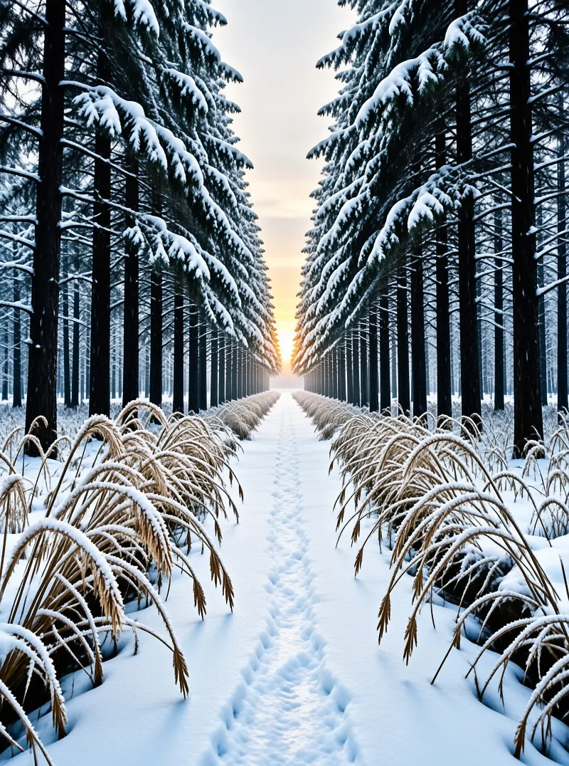 Footprints mark a snowy path between tall pines under a soft winter sunrise.