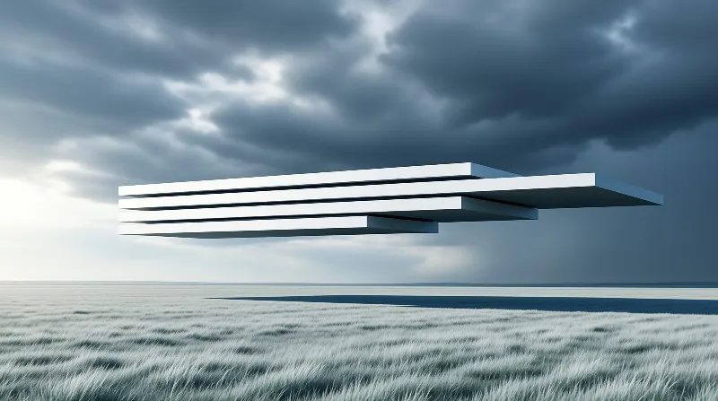 Three white rectangular slabs float above a grassy plain under a cloudy sky, casting a long shadow.