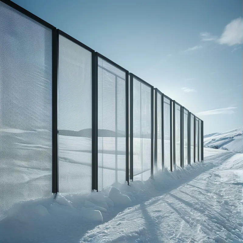 A row of mesh fences with dark posts stands in a snowy landscape under a bright sky with shadows cast on white ground.
