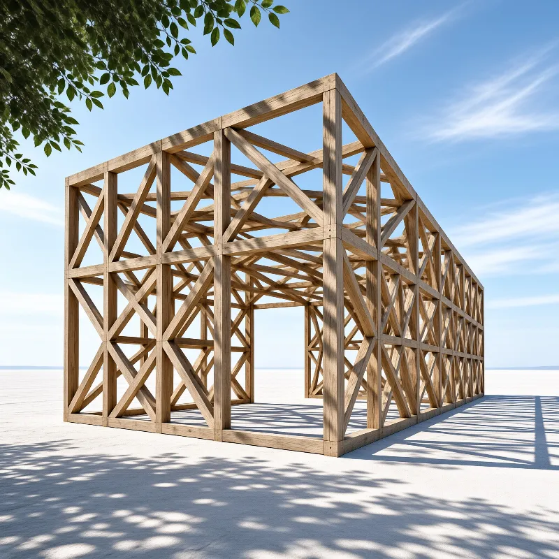 A skeletal wooden house frame stands on a stark white plain under a blue sky with tree branches overhead.