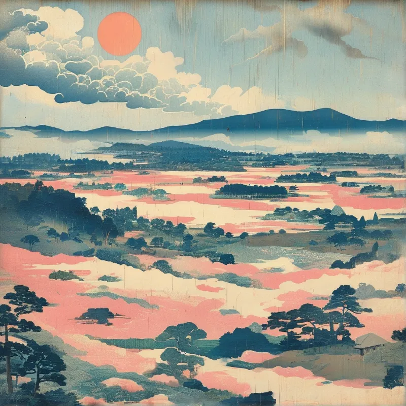 A woodblock style landscape depicting a river with pink reflections, scattered islands, and a red sun in the sky.