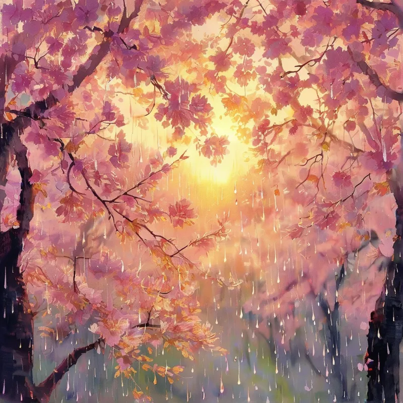 Lush pink cherry trees are backlit by a brilliant yellow sun while vertical streaks of rain fall through the frame.