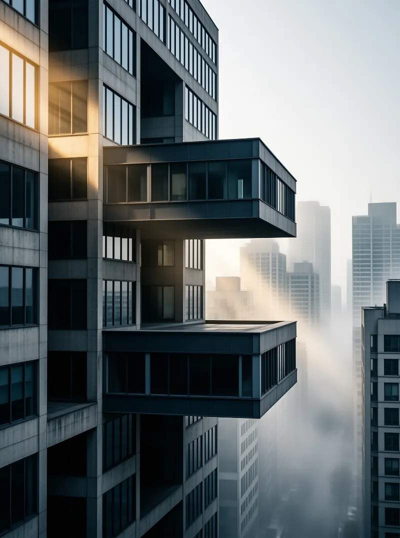 Sunlit cantilevered office building dominates the frame while distant skyscrapers fade into thick morning fog