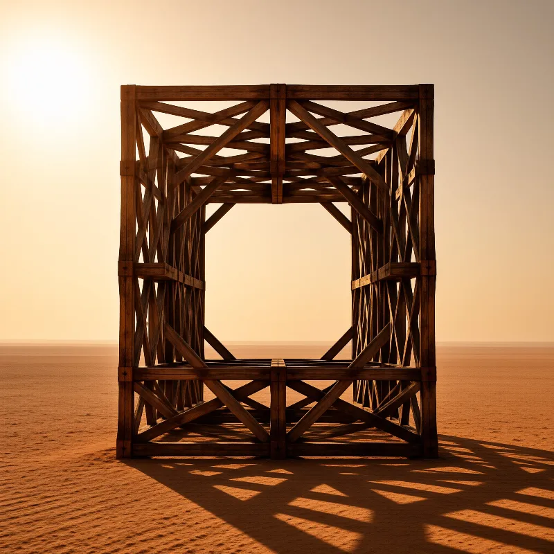 A timber cube with diagonal bracing stands on flat reddish sand under a warm sky casting long geometric shadows.