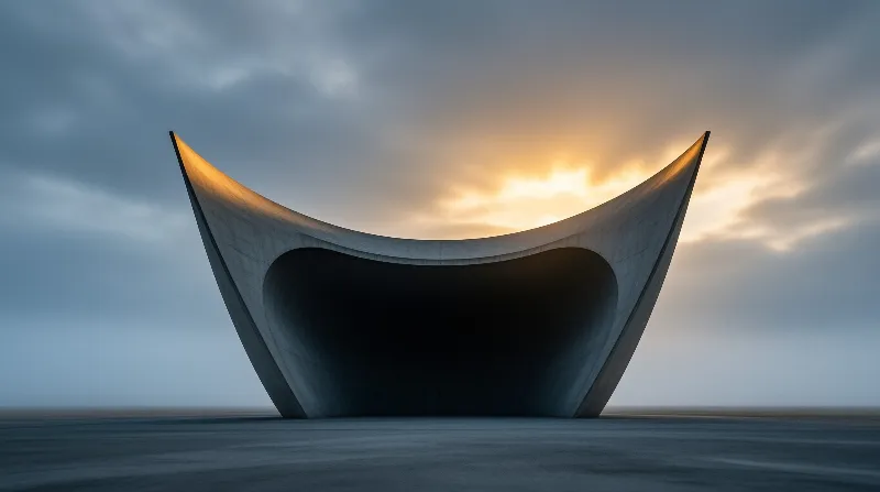 A massive white curved shell-like monument rests on a vast dark flat plain beneath a cloudy sky illuminated by warm sunset light.