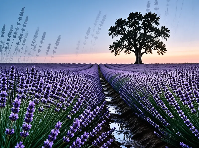 Purple lavender rows and a water channel lead to a dark tree silhouetted against a twilight sky