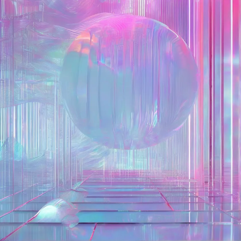 A translucent shimmering orb hovers above a reflective grid floor inside a corridor lined with glowing pink and purple translucent vertical panels
