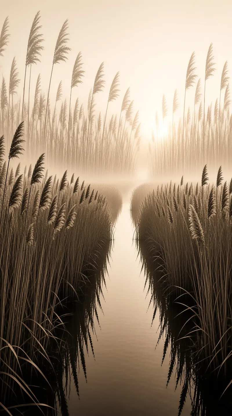A path through tall grasses leads toward a glowing sun rising above the foggy horizon.