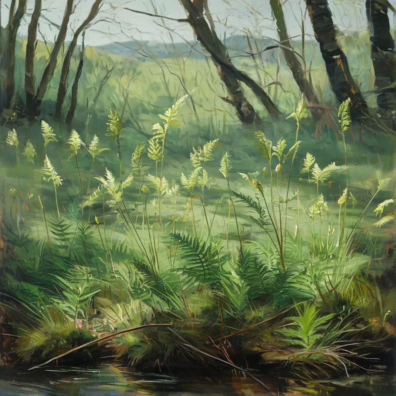 Painterly view of lush green ferns beside a stream, with leaning tree trunks and soft diffused light filtering over the distant wooded landscape.