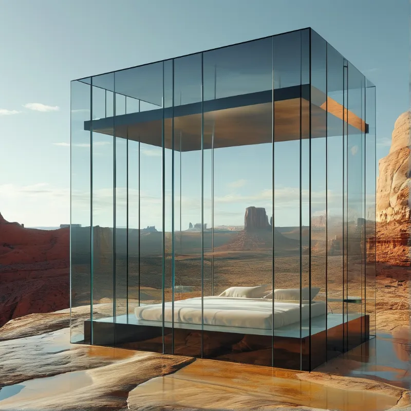 A glass cube containing a white bed sits on rocky desert terrain with red mesas in the background.