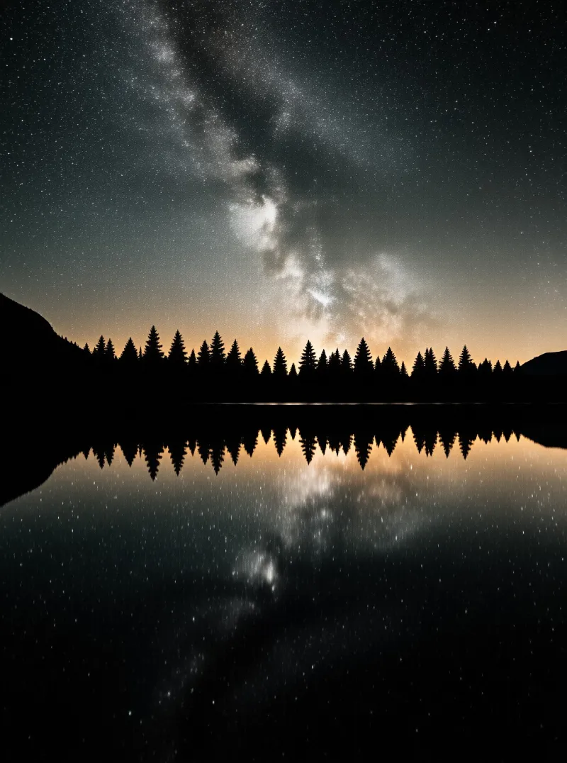 A bright Milky Way spans the night sky above silhouetted trees, mirrored perfectly in the still water of a dark lake.