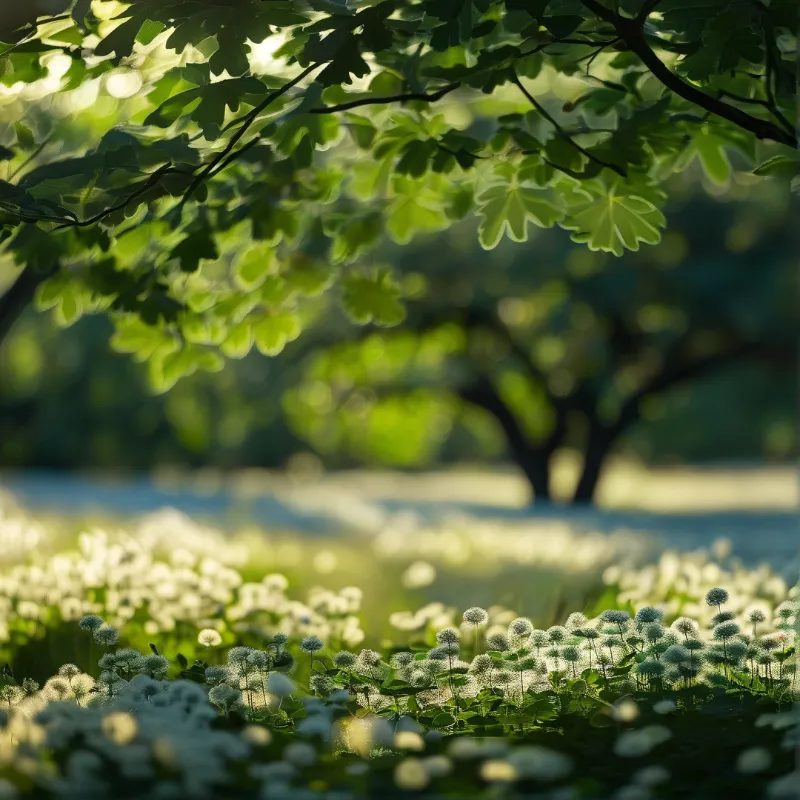 A lush green forest scene where sunlight filters through an overhead canopy of leaves, casting a warm glow on a dense carpet of white dandelion seed heads that cover the meadow floor.