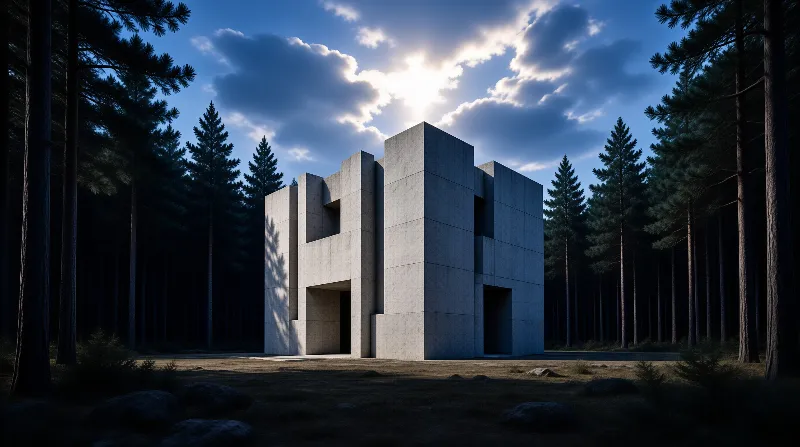 Interlocking grey blocks with deep square openings stand among dark pines as sunlight bursts through breaking cloud.