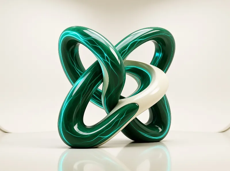 A glossy green knot sculpture with a cream section rests on a reflective white surface.