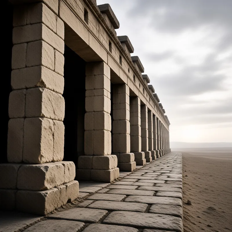 Massive dressed blocks form a long row of open bays beside a stone paved walkway under a pale overcast sky.