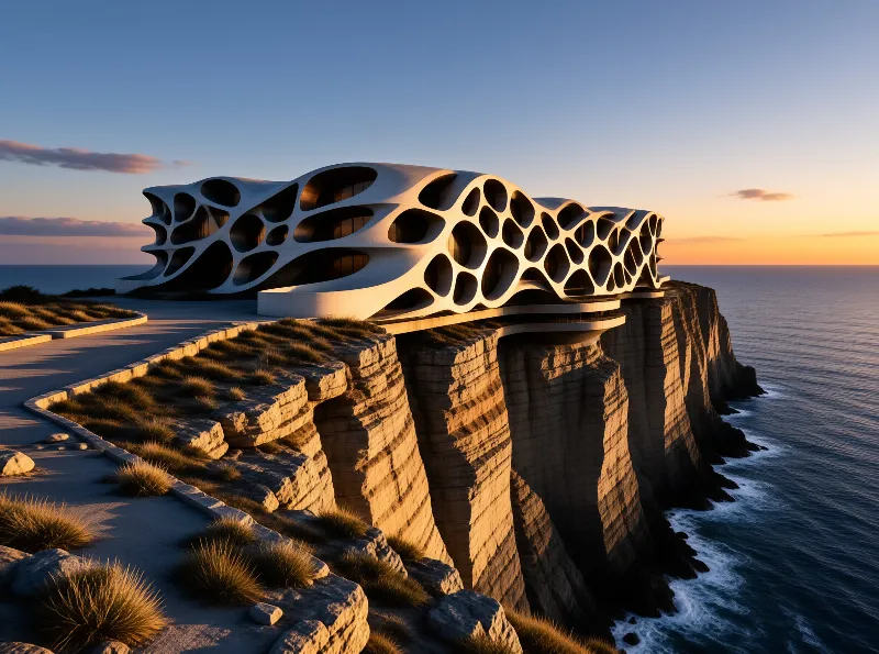 A futuristic porous building sits on a coastal cliff overlooking the ocean during golden hour light.