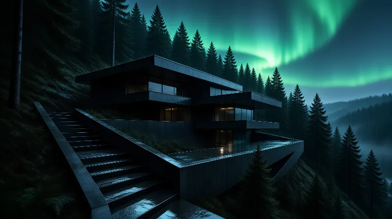 Modern Cabin Under Aurora