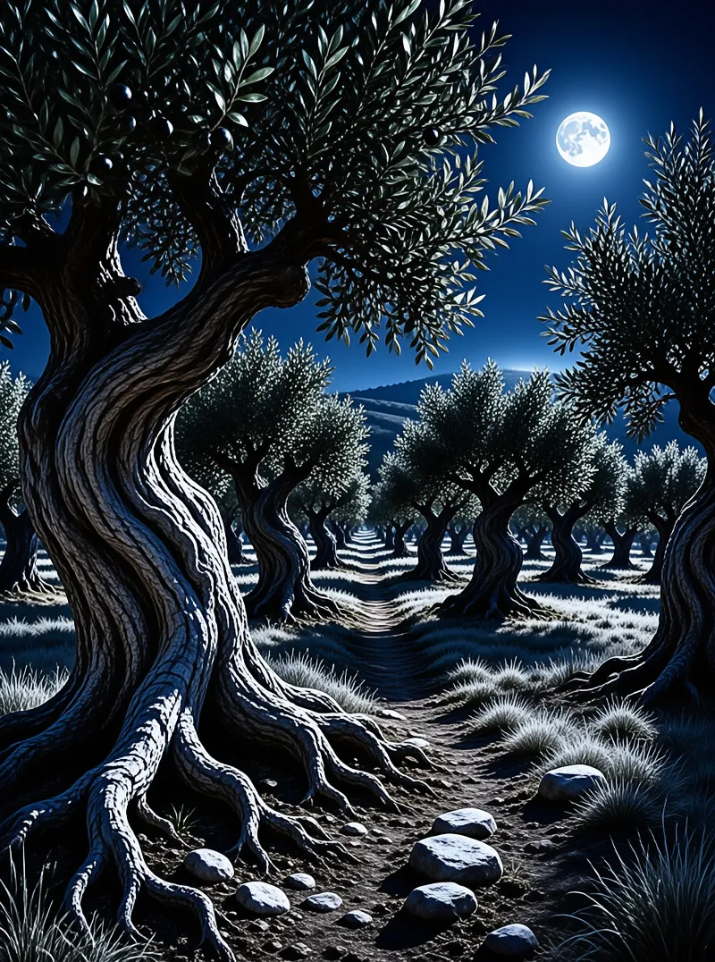 Moonlit Olive Grove Path