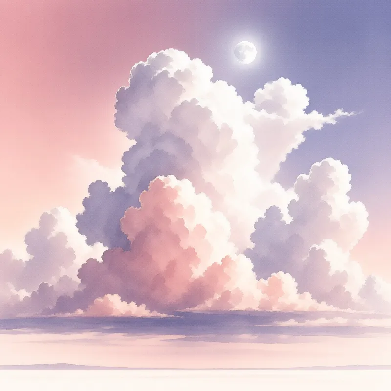 Large fluffy clouds painted in pink and purple hues rise above a calm horizon while a bright full moon shines in the sky.