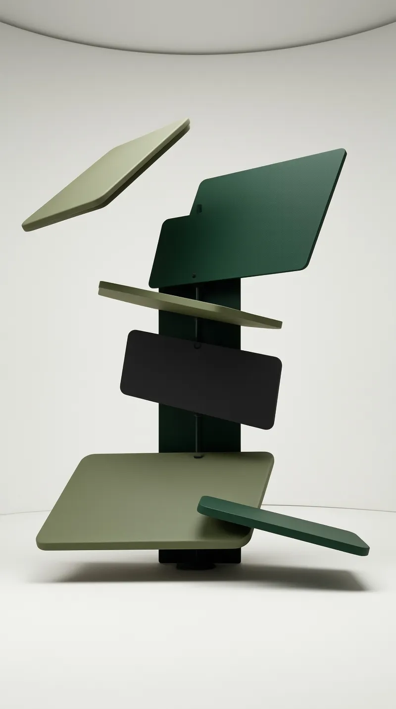 Angled planes of green and black forming a vertical sculpture above a white studio floor.