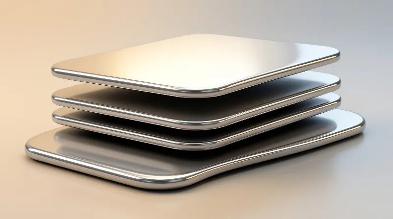 Four shiny rectangular metal slabs are stacked on a smooth beige surface under soft studio lighting.
