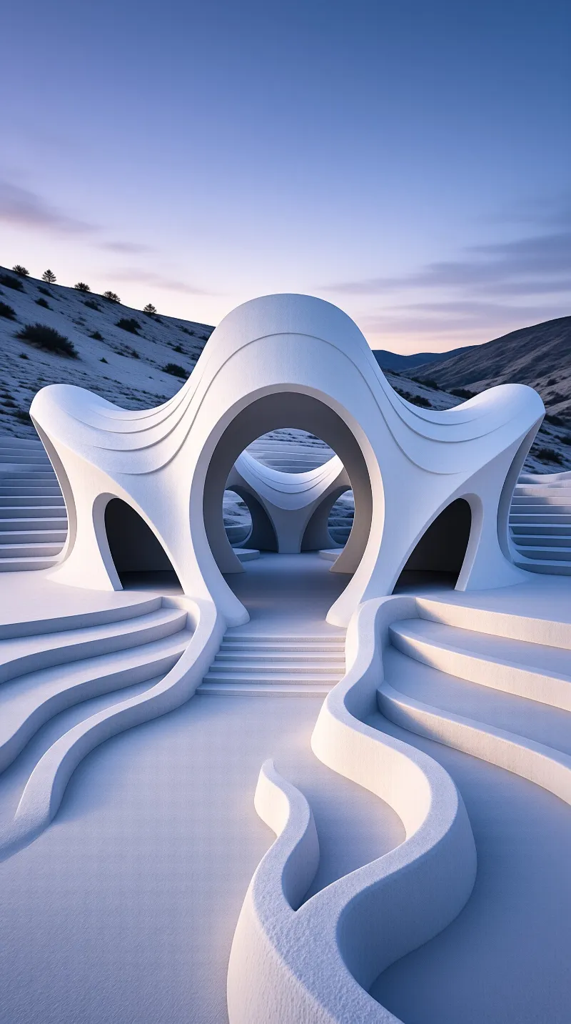 A smooth white sculptural building with curved archways and stairs stands in a snowy valley during twilight.