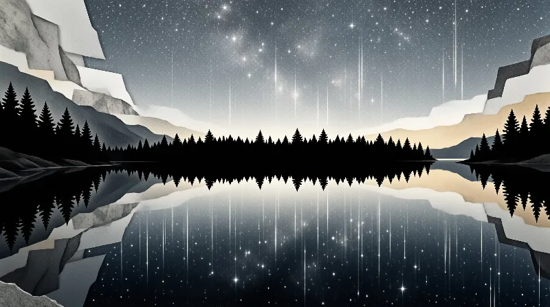 Symmetrical art shows dark trees and mountains reflected in a lake below a starry sky with vertical light streaks.