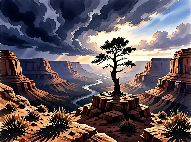 A lone tree stands on a rocky cliff overlooking a winding river and desert mesas under a sky with dark clouds and light.