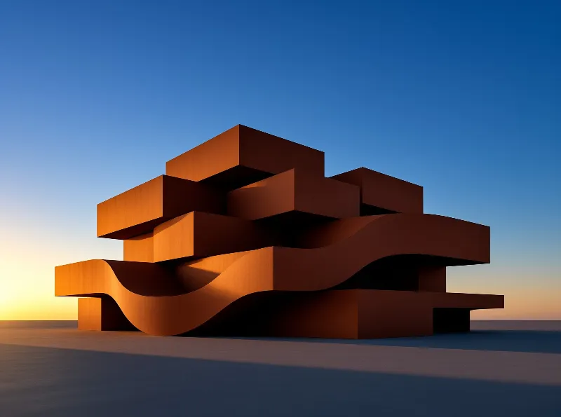 Orange blocky geometric installation rests on a vast flat salt plain under a gradient blue and warm yellow sunrise sky.