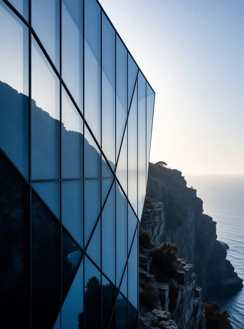 A curved glass structure mirrors the rugged coastal cliffs and ocean waters during the soft blue light of twilight.