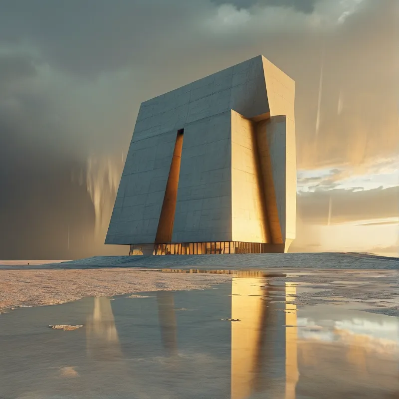 Concrete building with rectangular opening stands on shore while sunlight illuminates side and reflects on wet ground