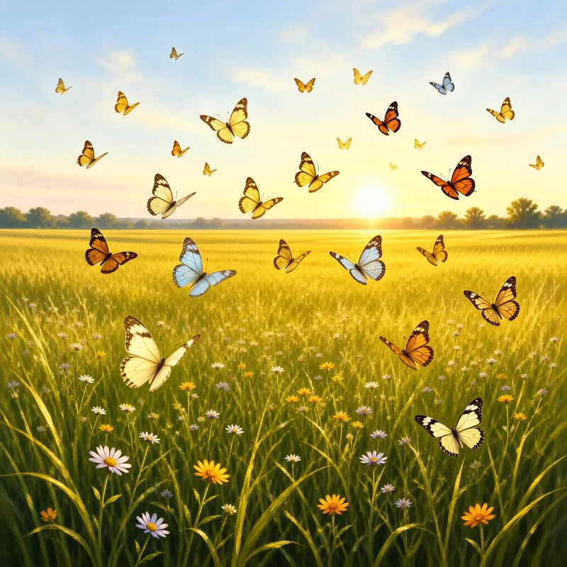 A flock of colorful butterflies flies above a grassy field filled with wildflowers under a warm golden sky.