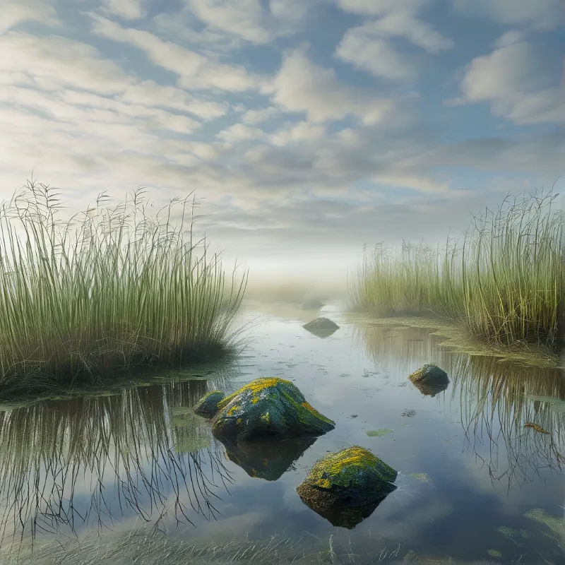 Tall green reeds line a foggy river where mossy rocks sit partially submerged in calm water.