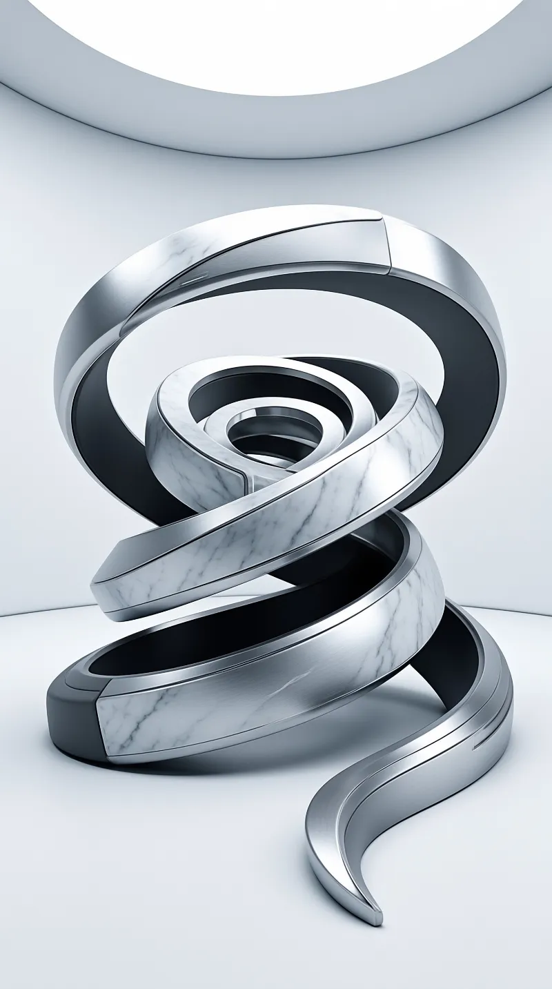 A twisted ribbon sculpture featuring alternating silver metal and white marble sections rests on a floor under soft light.
