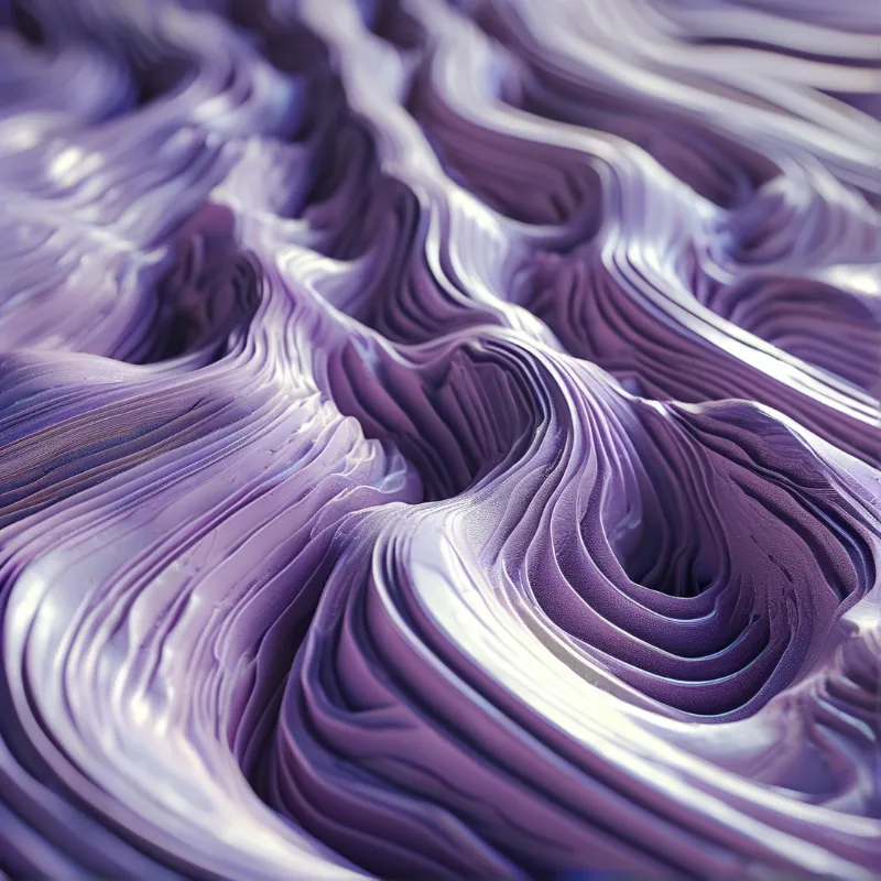 Flowing purple and white liquid patterns creating smooth ridges and deep valleys with soft highlights.