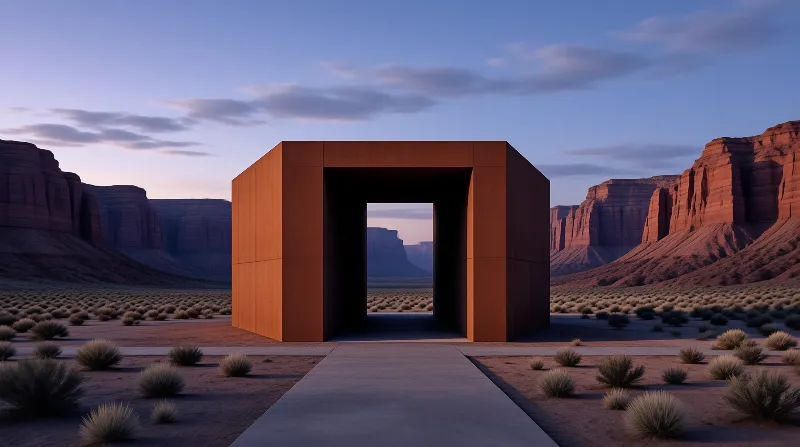 Concrete path leads to large orange cube with square opening set against desert mesas backdrop at dusk.