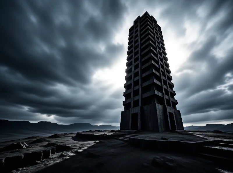 A dark stepped building stands alone in a desolate terrain with sunlight piercing through thick storm clouds