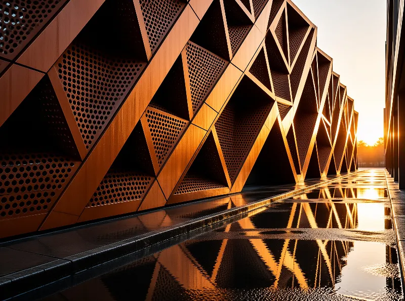 A geometric metal wall with triangular perforations reflects in wet pavement during sunset.
