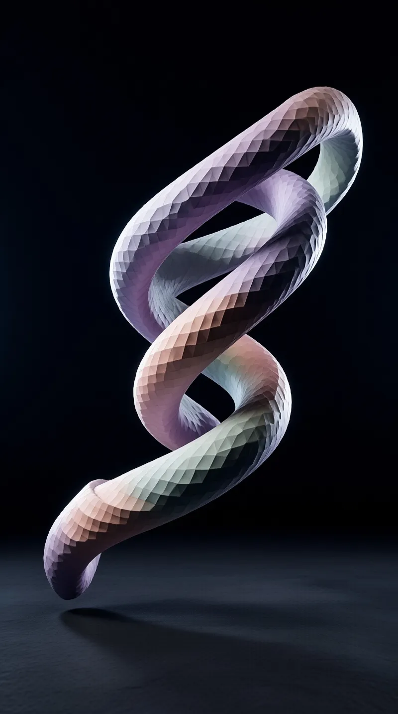 A twisted ribbon with a faceted surface displays pastel colors against a black background.