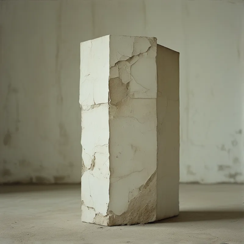 A tall rectangular column with chipped peeling plaster stands on bare concrete floor against a faded unfinished wall